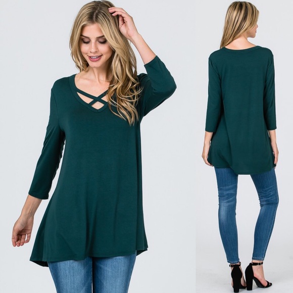 The House Of Gentry Tops - Hunter Green Cross Front Vneck Tunic Tee